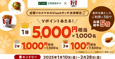 ケンタッキーフライドチキン×三井住友カード・スマホタッチ決済で最大5000円相当もらえるキャンペーン