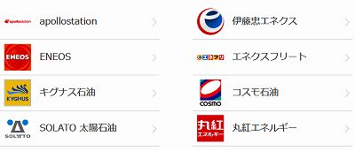 楽天Carアプリの対象店舗は、apollostation・伊藤忠エネクス・ENEOS（エネオス）・エネクスフリート・キグナス石油・コスモ石油・SOLATO 太陽石油・丸紅エネルギー